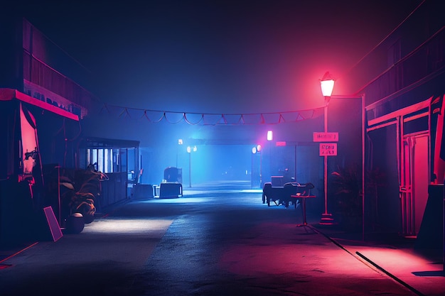 Scene dark deserted street in neon colors Generative AI