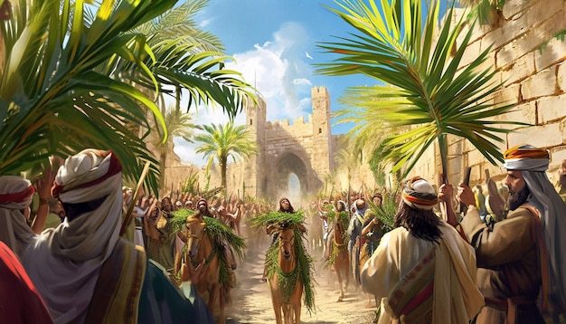 a scene depicting the biblical story of Jesus triumphal entry into Jerusalem for a Palm Sunday serv