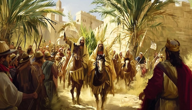 a scene depicting the biblical story of Jesus triumphal entry into Jerusalem for a Palm Sunday serv