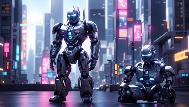 A scene depicting a futuristic with towering robots