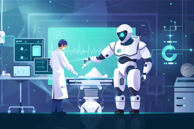 A scene depicting the seamless integration of AI into medical education