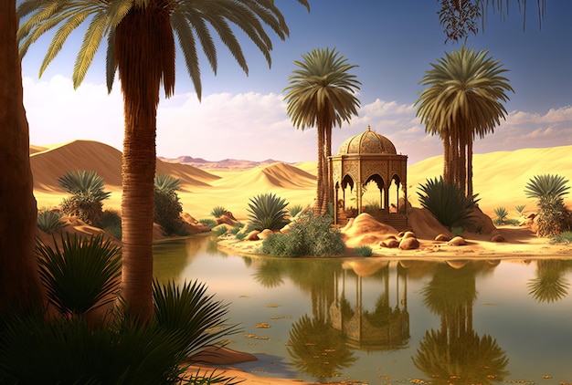 Scene of a desert oasis with palm trees in the background