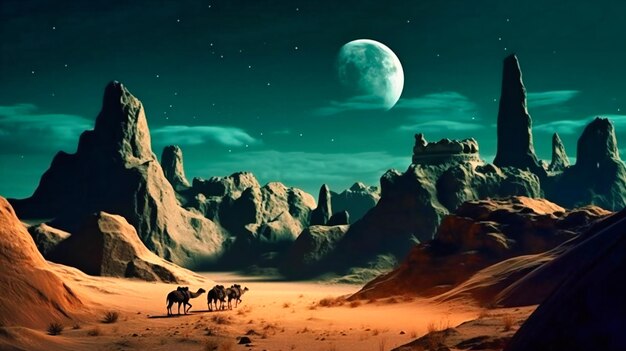 A scene in a desert with three camels in the cave with the moon