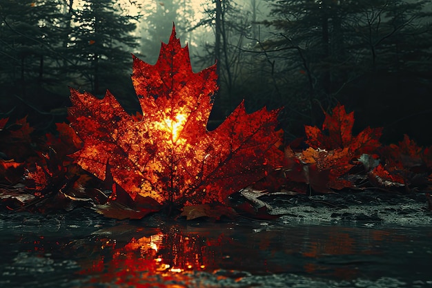 Foto scena dominata dall'iconica foglia d'acero resa in rosso sorprendente contro uno sfondo bianco pulito e incontaminato concetto di bandiera canadese