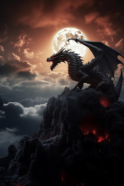 Scene of the dragon standing on the rock digital art style illustration painting