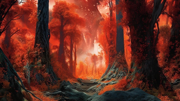 Scene Een dicht oud bos in brand met een felle vuurstorm Detail waar torenhoge bomen hun groene luifels Generatieve AI