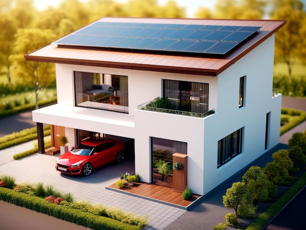 Scene of an Electric car and Modern passive house with solar panels in a rural environment. AI generated