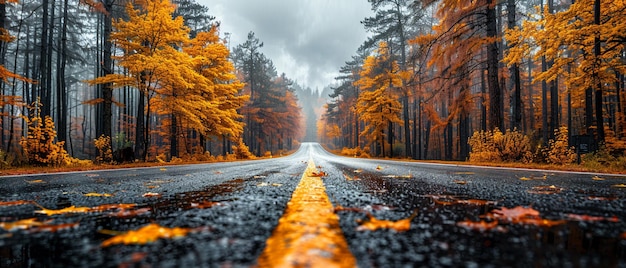 Foto scena di una strada vuota che conduce attraverso una colorata foresta autunnale