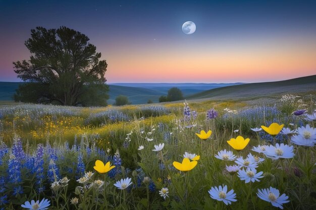 A Scene of Enchantment and Mystery Wildflowers and Full Moon