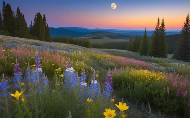 A scene of enchantment and mystery wildflowers and full moon