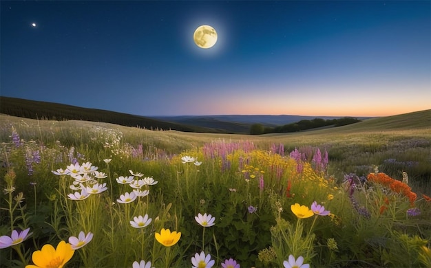 A Scene of Enchantment and Mystery Wildflowers and Full Moon