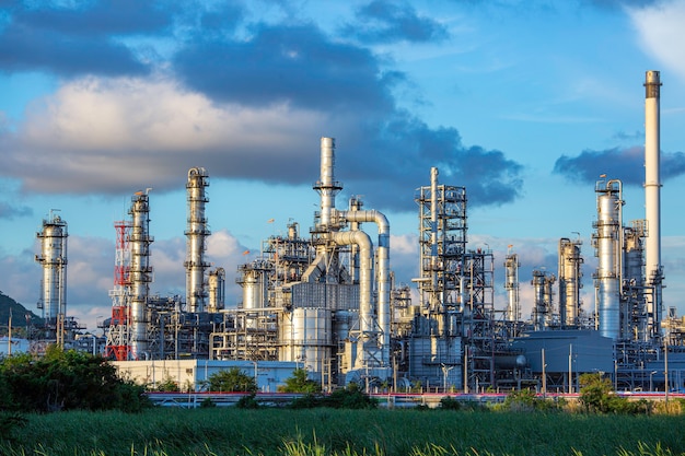 Scene evening of tank oil refinery plant tower and column tank oil of Petrochemistry industry blue sky and lawn