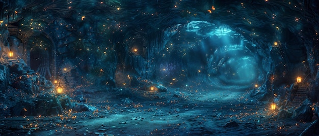 Photo the scene features abandoned ruins a road and a tunnel for an abandoned dungeon cave with glowing lanterns and butterflies lamps illuminate magical trails leading out of the cave towards mystical