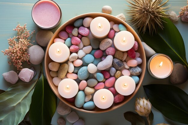 Scene featuring candles and stones soothing pastel background symbolizing serenity Generative AI