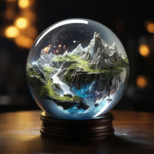 Scene featuring a highly detailed world inside a crystal ball