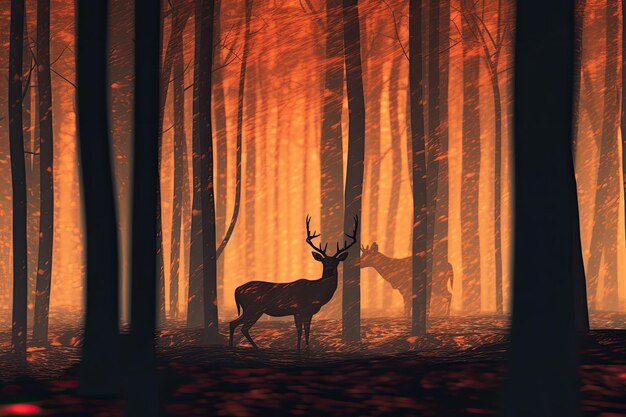 Photo scene of a forest with deer