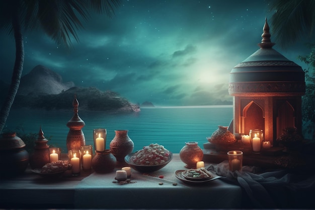 A scene from the arabian nights a set of objects for Ramadan Mubarak