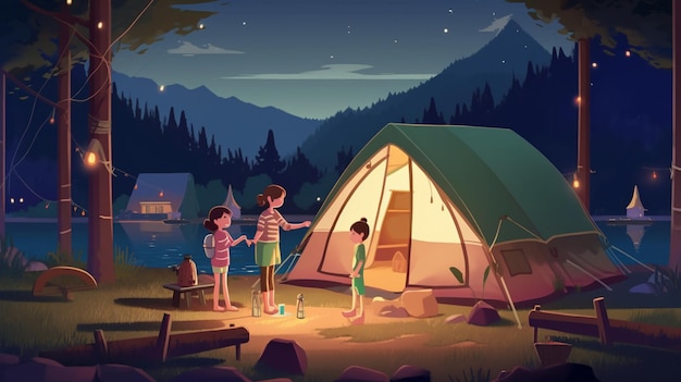 A scene from a camping trip with three children standing in front of a tent with the words camp in the background.