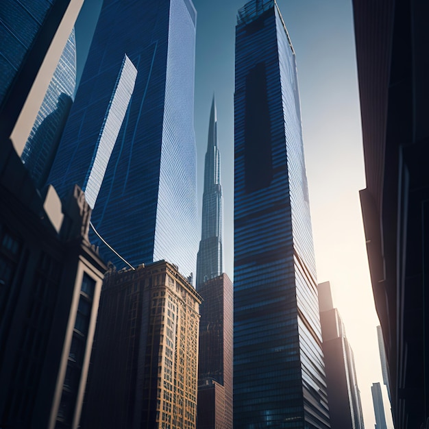 A scene from a city with a blue sky and a building with a tall one.