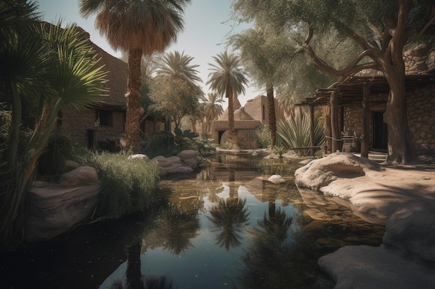 A scene from a desert village with palm trees and a river.