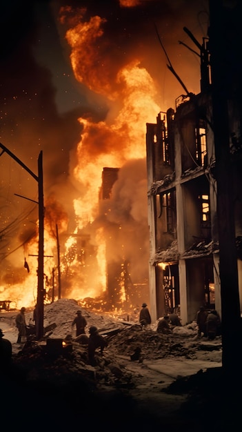 scene from a dramatic 1942 color film about firebombing