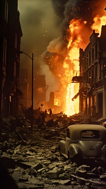 scene from a dramatic 1942 color film about firebombing