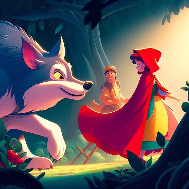 A scene from a fairy tale such as Little Red Riding