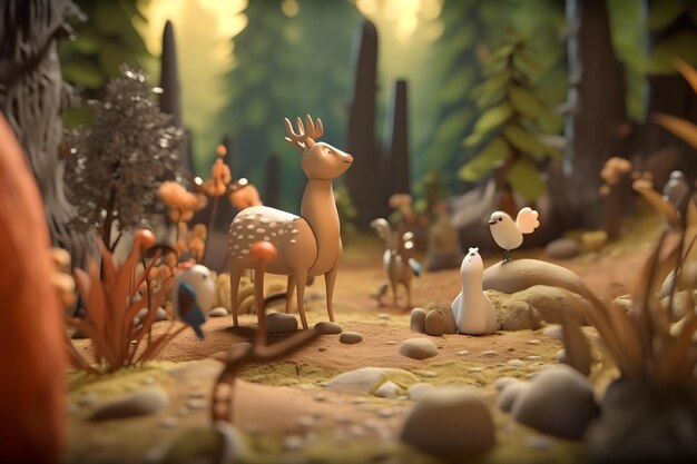 A scene from a forest scene with a deer and a bird.