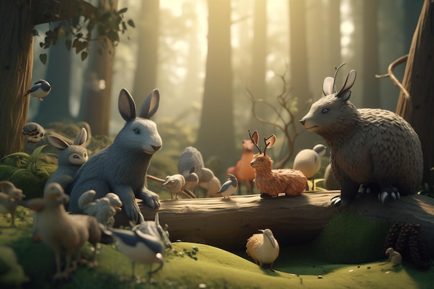 Сцена из игры, в которую звери играют в лесу.