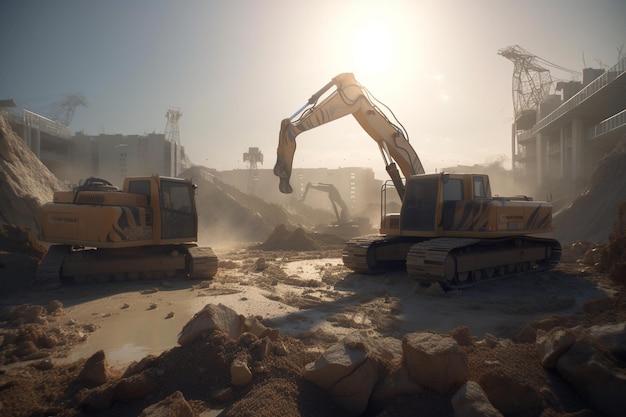 A scene from the game fallout 4 shows a construction site with a large excavator and a large pile of rubble.