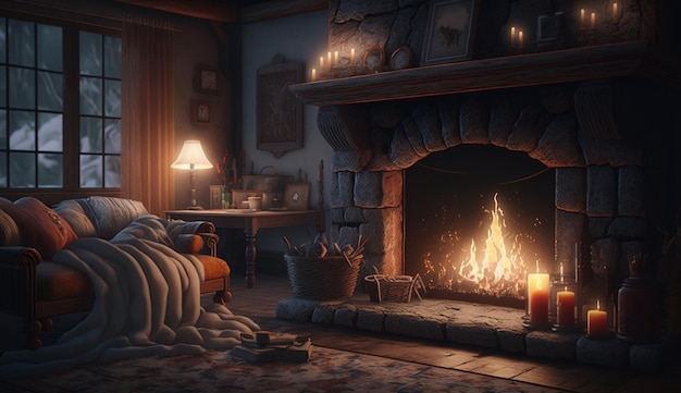 ゲームのダークサイドのシーンには、ろうそくのついた暖炉が示されています。