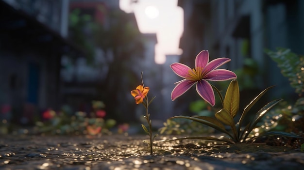 新しいゲームの地面から花が生えているシーン。