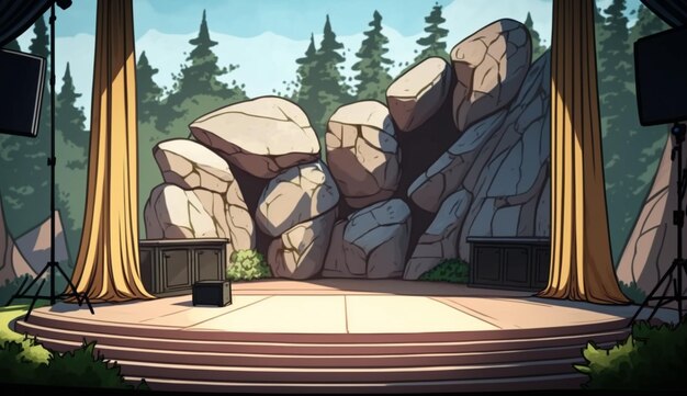 Foto una scena del gioco: il palco si trova davanti a una grande roccia.