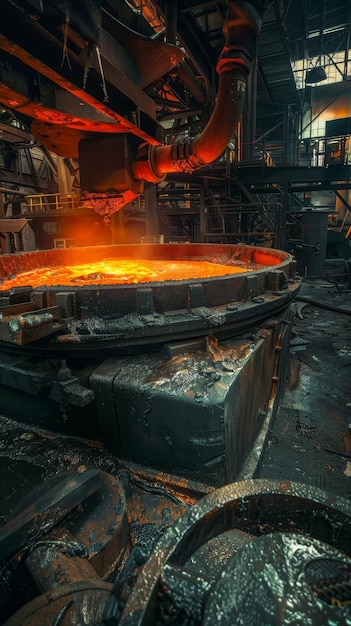 Photo a scene from an industrial smelting operation with molten metal glowing in a large vat reflecting the scale of metal production