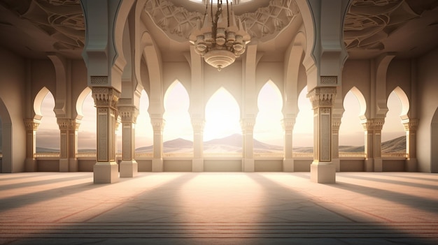 A scene from the inside of a mosque with a light on the ceiling and a large window with the sun shining on it.