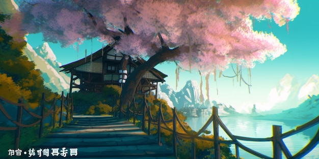 Photo a scene from a japanese house with a bridge and a tree with pink flowers.