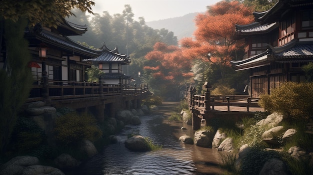 A scene from a japanese temple with a river in the foreground and a bridge in the background.