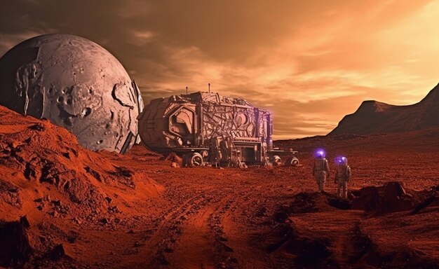 Photo a scene from mars with a large rock in the background and people walking in front of it.