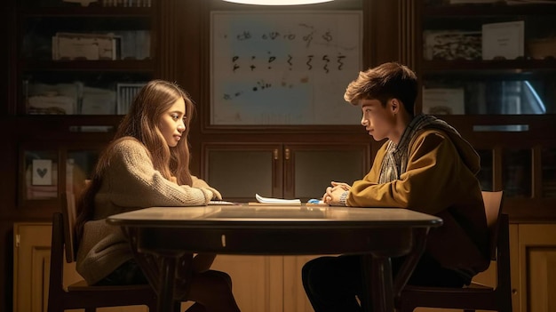 테이블에 앉아있는 소녀와 소년이라는 영화의 한 장면.