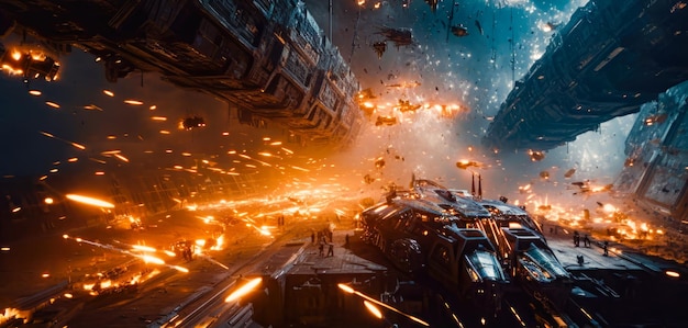 Cinematic Still, intense space battle between two massive battleships,  starry sky, nebulae, galaxies, HDR futuristic space battleship destroyers  traveling through an asteroid field, generate ai 24355281 Stock Photo at  Vecteezy