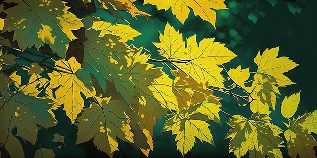 Scene from a park in the fall with green and golden maple leaves