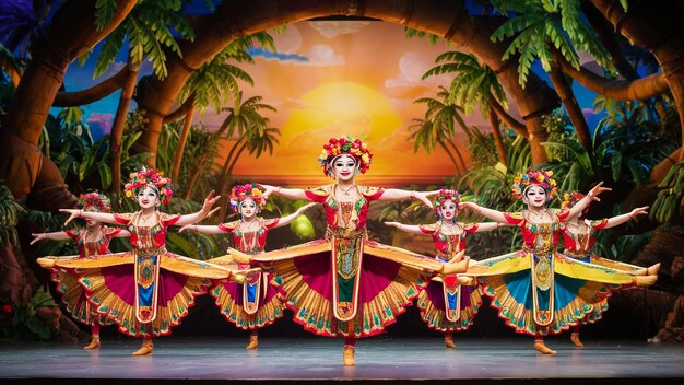 Photo a scene from a performance of a woman with a colorful costume on the stage