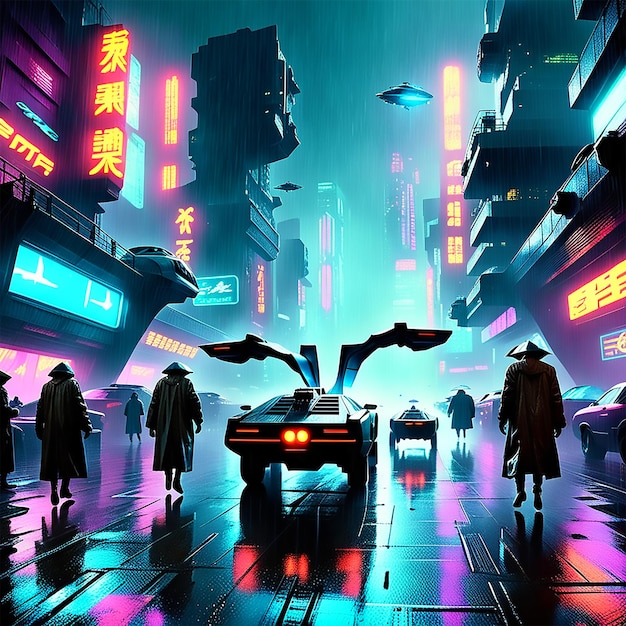 a scene from a science fiction movie like blade runner featuring a futuristic cityscape in the rai