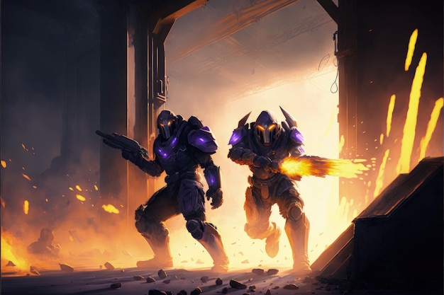 Scene from sciencefiction depicting a battle between two futuristic fighters in an industrial complex Fantasy concept Illustration painting Generative AI