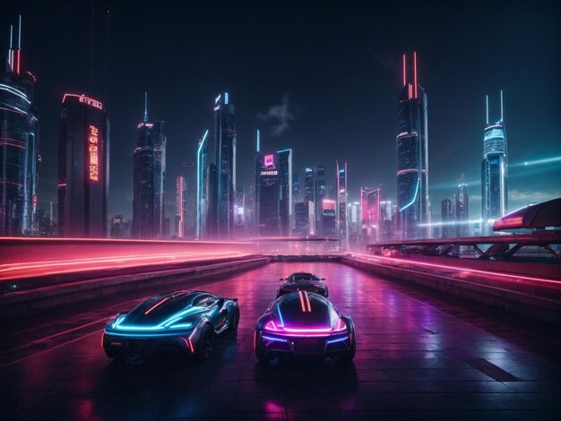 a scene of a futuristic city skyline with hovering vehicles and neon lights