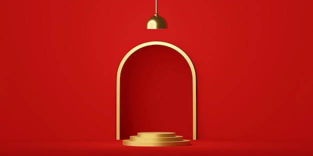 Scene of geometric shape podium with lamp on red background 3d rendering