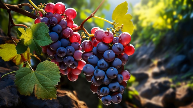 Foto scena di uva che cresce in vigna con rami e foglie verdi close-up luce brillante generative ai