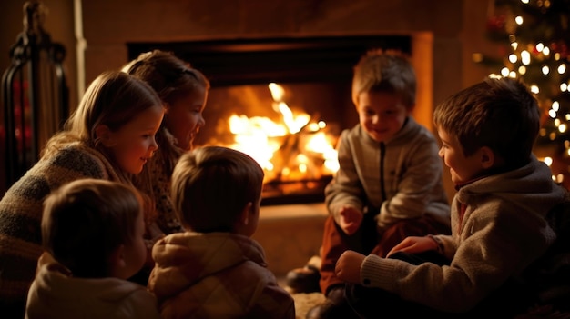 scene A group of children gather around a cozy fireplace their faces illuminated by the dancing