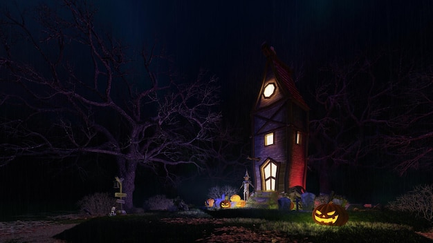 Сцена дома с привидениями в лесу на Хэллоуин