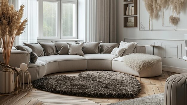 A scene of a heartshaped rug placed in front of a curved sectional sofa contributing to a cozy and